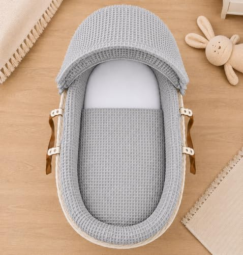 For Your Little One Moses Basket Bedding Set – Waffle & Dimple Designs with Hood, Quilt & Bumper | Soft & Breathable (Moses Basket Not Included!) (Waffle, Grey)