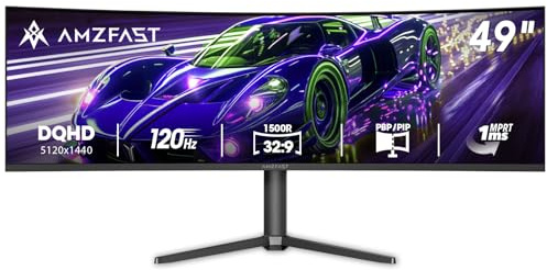 Amzfast 120Hz DQHD 5120 x 1440p Curved Monitor, 120% sRGB, 3000:1, MPRT 1ms, HDR, Adaptive Sync, PIP/PBP, Height Adjustable, HDMI 2.0/DP 1.4