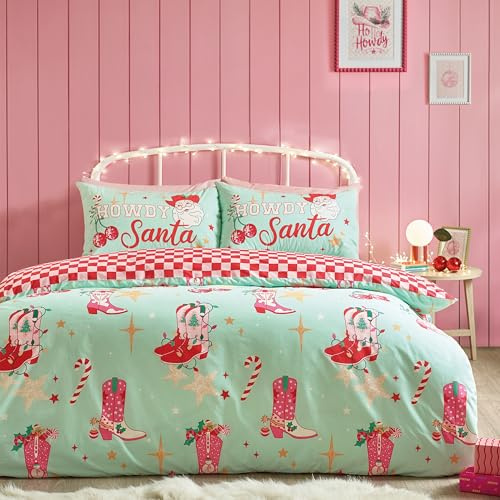 Catherine Lansfield Santa's Howdy Christmas Reversible King Duvet Cover Set with Pillowcases Green