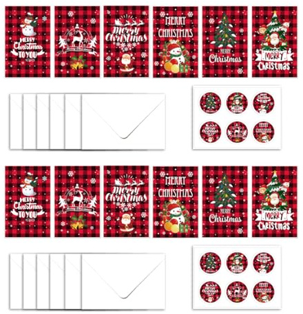 DEFGNOP Pacchetto biglietti d'auguri di Natale, 12 Biglietto Auguri Natale con Buste e Adesivi,Cartoline di Natale,Biglietti di Auguri di Natale Piegati con Buste, per Natale e Capodanno