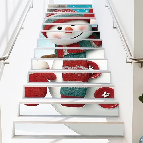 PLIGREAT 15 Strips Snowman Stair Decals, Peel and Stick Stair Riser Stickers 18x100cm, Self-Adhesive Vinyl Step Murals for Home Hotel Holiday Decor