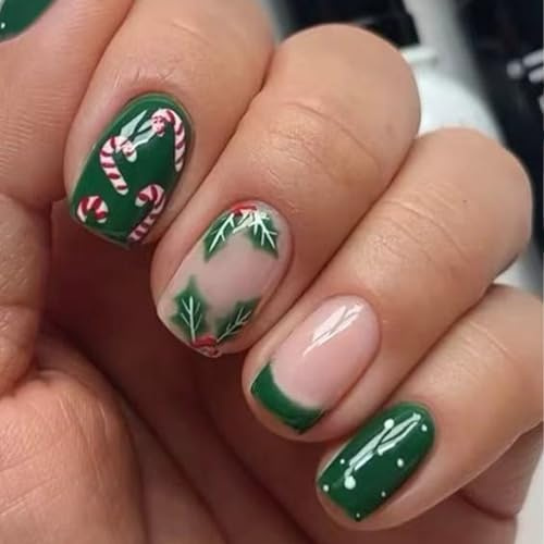 24PCS Weihnachten Kurze Quadratische Künstliche Nägel Französisches Design Grünes Blatt Süßigkeiten Muster Für Urlaubspartys Candy Cane Design
