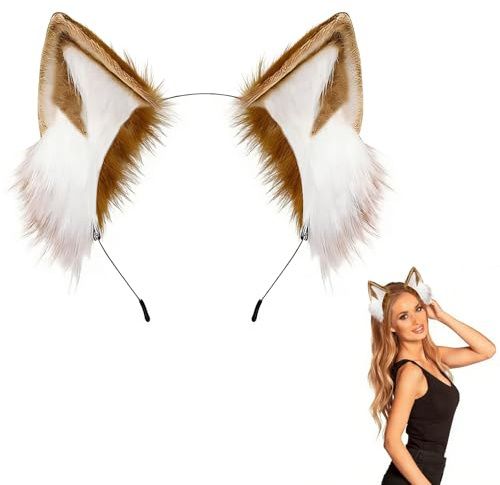 LIULINY Fox Ears, Braun und Weiß Fuchsohren Haarreif, Einstellbar Fuchs Ohren, Frauen Plüsch Haarband Stil, für Cosplay Stirnbänder, Partykostüme, Karnevals Cosplay Kopfbedeckungen