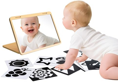 Brezlio Baby Montessori Spiegel Spielzeug – Tummy Time Boden-Spiegel aus Holz mit 20 Schwarz-Weiß Karten & Ständer – Frühförderung, Sinnesentwicklung & Selbstwahrnehmung für Neugeborene 0–6 Monate