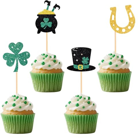 24pcs St Patrick Cupcake Toppers, Green Glitter Shamrock Cupcake Toppers Green Theme Party Decor Supplies for Baby Shower Birthday St Patrick Party Supplies