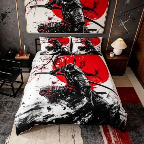 Homemissing Samurai Bettwäsche Set 135x200cm Cherry Blossom Bettwäsche-Set mit Reißverschluss Rot Sun Bettbezug Japanese Ukiyoe mit 1 Kissenbezug