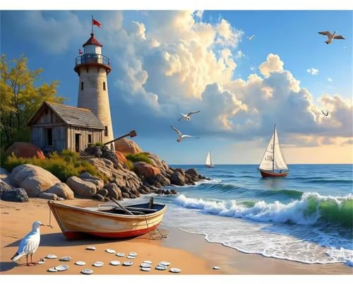 60 Teile Puzzle Für Erwachsene,Leuchtturm-Schiff-Szenerie DIY-Puzzle,Kreative Unterhaltung, Spaß, Klassisches Puzzles Familienspiele