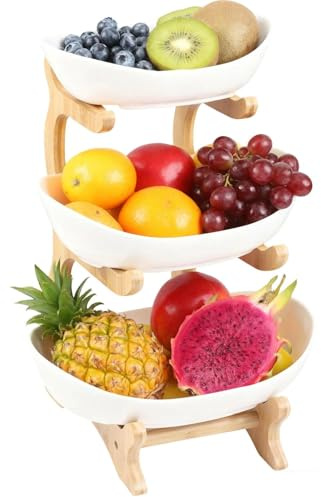 Frutero STOUCLA, estante de madera de tres niveles | Incluye dos abridores de naranjas y un pelador de naranjas, ideales para guardar frutas, verduras y aperitivos (cerámica)