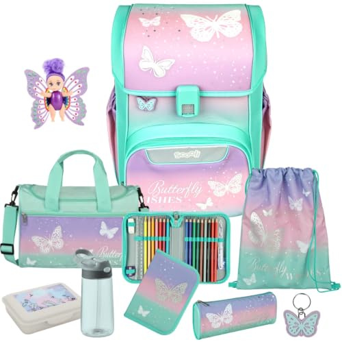 Pridera Scooli Schulranzen 1. Klasse Mädchen Butterfly Wishes Schmetterling EasyStart Schulranzen-Set (9tlg. mit Sporttasche Brotdose Trinkflasche Fairy-Püppchen)