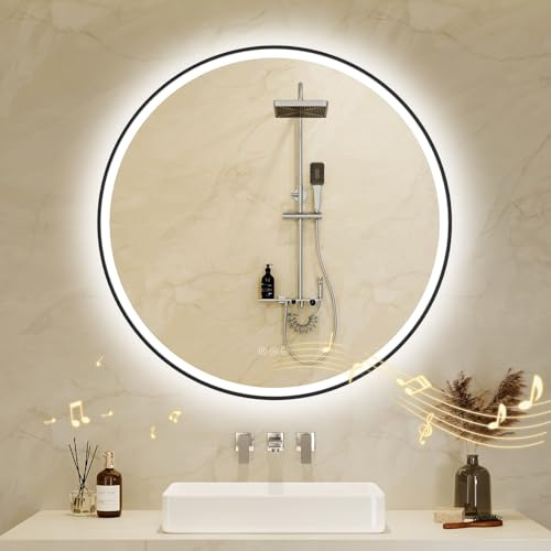 Bathroom Mirror with LED Lights 60x60cm: Round LED Bathroom Mirror with Bluetooth, Anti-Fog, Touch Sensor, 3 Colors Dimmable, Memory Function Illuminated Bathroom Wall Mirror Black Metal Frame
