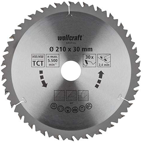 wolfcraft 6737000 1 Lame de Scie Circulaire Ø 210 Mm, Ct, Alésage 30 Mm, 30 Dents, Surface Poncée, Denture Sablée Et Alternée argent