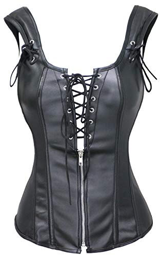 Bslingerie® Womens Black Faux Leather Straps Boned Corset with Zipper (UK 16-18 (XXL), Black)
