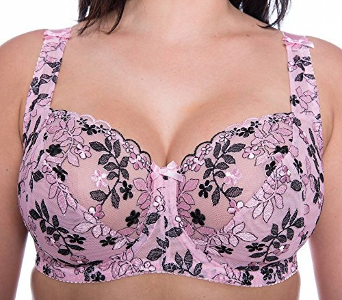 Gemm Ladies Pink & Black Embroidered Large Bosom Lace Underwired Firm Bra Plus Size Cup (38 DD)