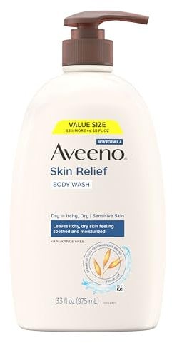 Aveeno Sollievo della pelle senza profumo Body Wash con l'avena per lenire secco prurito, Gentle, Sapone-Free & Dye-Free per la pelle sensibile, 33 fl. oz