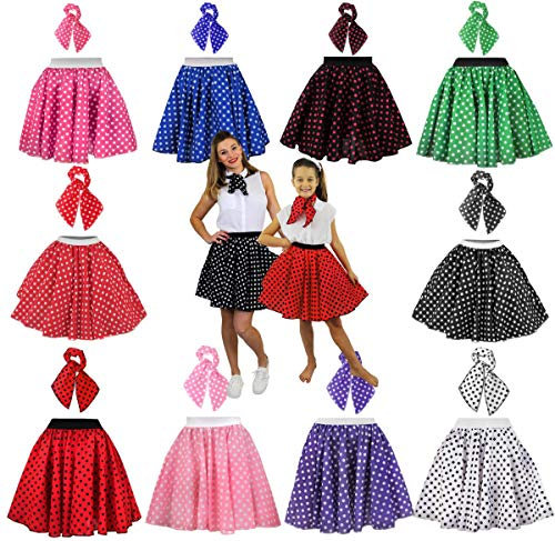 Girl's Polka Dot Skirt Fancy Dress Up Outfit Accessory 50s 60s - 17/43cm Length Baby Pink & White Spots with Matching Scarf - Rock and Roll Swing Musical Stage Show