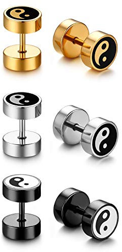JewelryWe Schmuck 3 Paar Fake Plug Ohrstecker Edelstahl Tai Chi Yin Yang Fakeplug Tunnel Ohrringe Ohr-Piercing für Herren Damen Silber Gold Schwarz