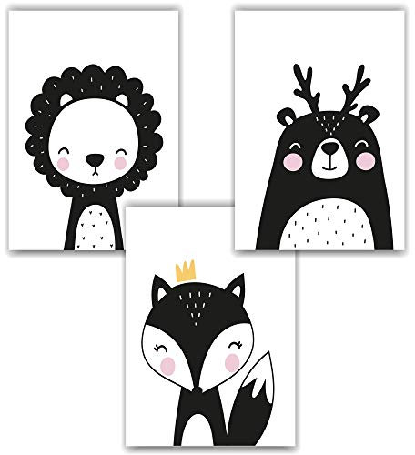 EZYART 3er-Set Kinderposter DIN A4 Wandbild fürs Kinderzimmer Niedliche Freunde in Schwarz-Weiß | cute friends