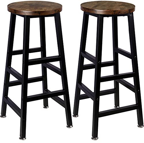 Tektalk Taburete redondo de barra de patas cuadradas, estilo vintage, rústico, marrón, fácil de montar, para el mostrador de cocina en el hogar, juego de 2