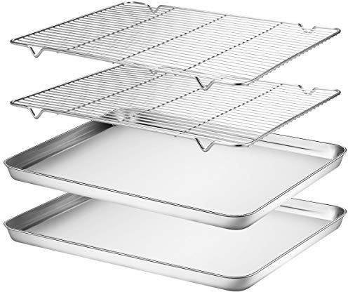 Wildone Backblech- und Gitter-Set, 2 Bögen + 2 Gestelle, Edelstahl, Keksform mit Kühlgitter, Größe 44 x 31 x 2,5 cm, ungiftig, strapazierfähig und leicht zu reinigen