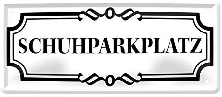 helges-shop Blechschild Schuhparkplatz - Retro Deko Metallschild - Dekoration für Schuhschrank Schuhbank Schuhregal Kommode Flur Garderobe Diele Hausflur - Wanddeko inkl. Befestigungsset - 28x12cm