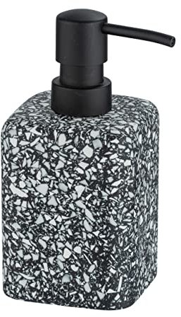 WENKO Seifendosierer Terrazzo in Mosaik-Optik, wiederbefüllbarer Pumpspender für Flüssigseife oder Desinfektionsmittel, außergewöhnliches Badaccessoire aus Polyresin, 8 x 16 x 9,5 cm, Schwarz/Weiß