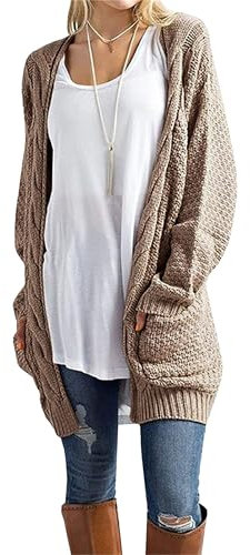 GRECERELLE Women's Long Cardigans Chunky Knit Boyfriend Jumpers Cardigan with Pockets Ladies Loose Long Sleeve Knitwear Oversized Sweater Cardigan for Autumn Winter Spring (Khaki, L)