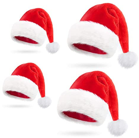 Anyingkai 4 Stück Weihnachtsmütze Familie Set,Weihnachtsmütze Erwachsene,Nikolausmütze Plüsch,Weihnachtsmütze für Kinder,Weihnachtsmann Mütze Rot,Weihnachts Kopfbedeckung Familie