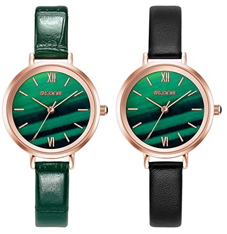 JewelryWe 2 PCS Damenuhren Quarz Analog Armbanduhr Grün Runde Zifferblatt Uhr mit Schmal Leder Armband für Frauen Mädchen Muttertagsgeschenk, Schwarz Grün