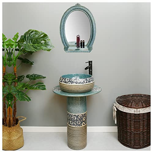 Waschbecken Säule Keramik Waschbecken gäste wc Aufsatzwaschbecken oval Standwaschbecken Saule Für Bar Restaurant Coffee Shop (4 Teiliges Set mit Zubehör,Blau)