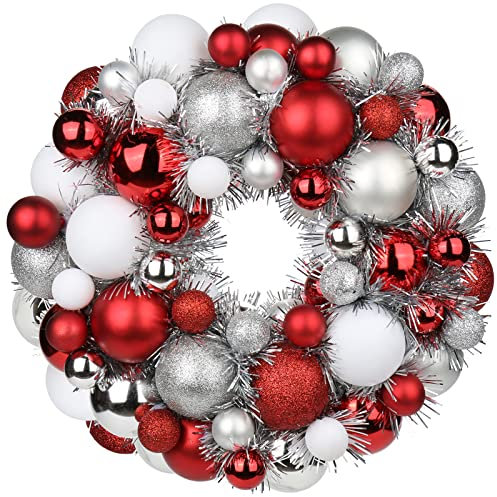 Oairse 13 Christmas Ball Wreath with 66 Christmas Baubles Christmas Hanging Decorations Door Wall Ornament Front Door Baubles Wreath Shatterproof Balls for Xmas Party New Year