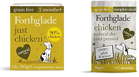 Forthglade Complementary Natural Wet Dog Food - Grain Free Just Chicken (18 x 395g) Trays & Complete Natural Dry Dog Food - Grain Free Chicken (6kg) Resealable Bag
