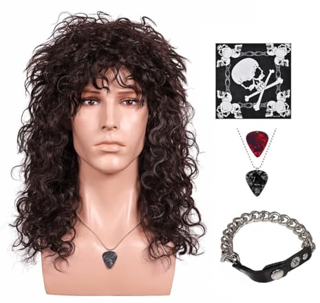 FantaLook 70 80S lange lockige dunkelbraune Cosplay-Perücke mit Halskette, Ring, Stirnband und Armband, für Halloween