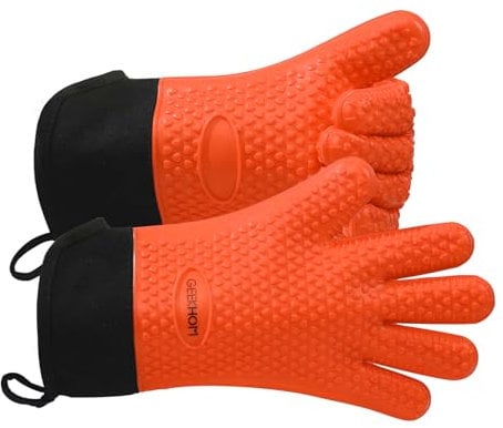 GEEKHOM BBQ Gloves, Grilling Gloves Heat Resistant Oven Gloves, Kitchen Silicone Oven Mitts, Long Waterproof Non-Slip Pot Holder for Barbecue, Cooking, Baking(XL, Orange)