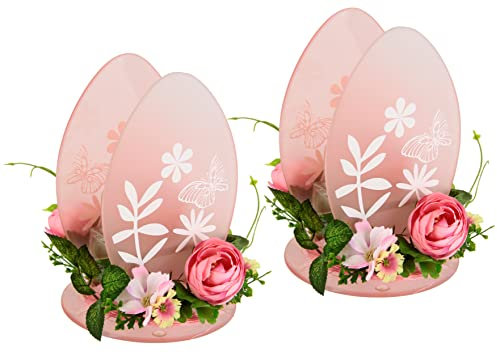 Dekorierter Teelichthalter mit Kunstblumen Glaseinsatz Wohnaccessoire Licht Lampe Kerzenhalter Kerzenleuchter Teelicht Stimmungslicht Osterdeko Dekoration Ostern Geschenk Dekoobjekt 3D Bild 2er Set