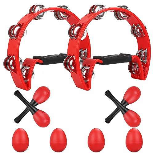 SENENQU 2er-Set Halbmond Tamburin, 25cm Erwachsenen-Tamburin Hand mit 40 Metallglöckchen - Doppelreihige Hand-Tamburin für Musiker, Sänger, Musikunterricht und Gruppen - Rot