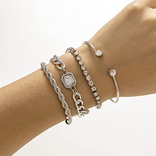 Clataly 4PCS Hip Hop Kristall Mode Armbänder Stapeln Hand Schmuck Zubehör für Frauen und Mädchen (Silber)