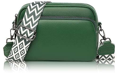 GSenhui Crossbody Bag Damen Echtes Leder Kleine Umhängetasche mit Breitem Gurt Reißverschluss und Abnehmbar Schultergurt Handytasche Zum Umhängen Frauen Schwarz