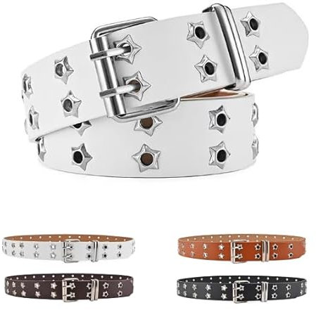 GIMIRO Punk Gürtel Damen Gürtel für Jeans Sternen-Nieten, Weiß, 3,3 cm breit, Punk-Rock Design Bund für Mantel, Hohlnietengürtel,Doppelreihe (White)