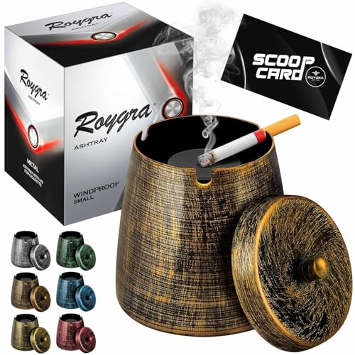 roygra Outdoor Ashtray for Outside Patio, Metal Windproof Smokeless Ashtray with Lid, Home Table Decor, Patio Decorations Outdoor, Ashtrays for Smokers Indoor - Bronze, Small (3.81 x 3.08 x 3.08’’)