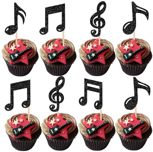 SYKYCTCY 30 Pack Music Notes Cupcake Toppers Glitter Musical Symbol Cupcake Picks Musician Rock Concert Cake Decorations for Kids Birthday Baby Shower Wedding Birthday Party Supplies Black