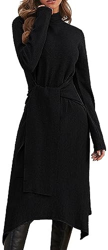 JayscreateEU Abito da donna in maglia per l'autunno, l'inverno, l'autunno, l'autunno, l'autunno, l'autunno, il vestito midi con collo alto, a maniche lunghe, con cintura, abito caldo ad A, Nero , S