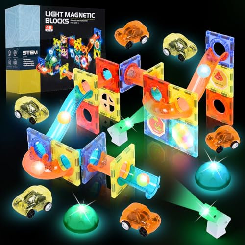 Herenear Magnetische Bausteine, 49 PCS Magnet Konstruktion Bauen Blöcke Set, Magnetspielzeug 3D Lernspielzeug Magnetic Bauklötze Magnetspiele mit 6 Auto Geschenk für 3 4 5 6 7 8 Jahre