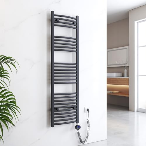 EMKE Badheizkörper Elektrisch 1400x400 mm - Gebogen Handtuchheizkörper Elektrisch, Elektrischer Handtuchwärmer Handtuchtrockner Handtuch Heizkörper Bad mit Thermostat und Heizstab - 500W, Anthrazit
