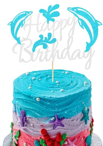 Arthsdite 1 x Delphin Happy Birthday Tortenaufsatz Delphin Marine Thema Junge Mädchen Kind Geburtstag Party Kuchen Dekoration – Blau Silber Glitzer