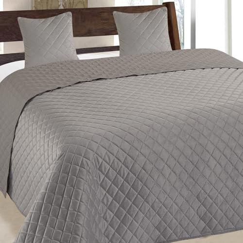 Euromat Tagesdecke Steppdecke Bettüberwurf Gesteppte Tagesdecke mit 2 Kissenbezüge 40x40 cm- (Hellgrau- Velvet Amarante, 180x220 cm)