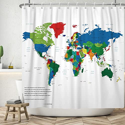 ASDCXZ Weltkarte Duschvorhang 240x180 cm (BXL), Modern Einfachheit Bunt Weltkarte Weiß Bad Waschbar Duschvorhänge Polyester Textil Wasserdicht Badevorhang für Badewanne mit 12 Haken