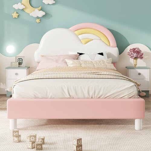 Letto imbottito, forma arcobaleno con nuvole, letto con rete a doghe, PU, minimalista, (rosa 90 x 200 cm) (senza materasso)