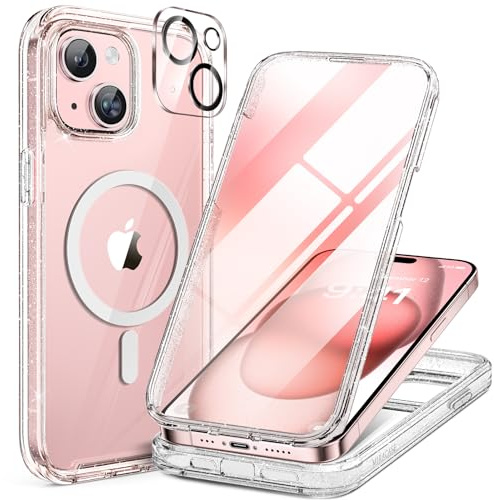 miracase Vollschutzhülle für iPhone 15, Magsafe, Klar Glitzer | Eingebaute 9H Panzerglas Schutzfolie | Komplettschutz | Stoßfest | Kameraschutz | Geeignet für Outdoor | 6,1 Zoll