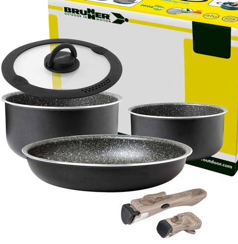 BRUNNER: Camping Kochgeschirr Alu-Topfset (Töpfe und Pfannen) - 5+2 teilig ø 26 cm PIRATE Spacemaster - 2-4 Personen, Stapelbar, Antihaft, Leicht, Hochwertig