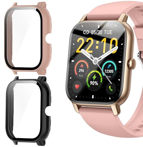 Boîtiers de protection Blueshaweu P66D Smart Watch, Compatible DDIBBI/Nerunsa/Aptkdoe - 1,85 Pouces (2 Packs-Noir+Rose)